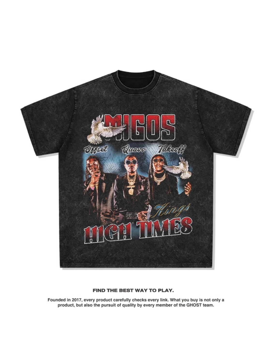 European and American Hip Hop Team Migos American T-shirt Street Hip Hop Fashion Brand Vintage Print To Do Old Wash