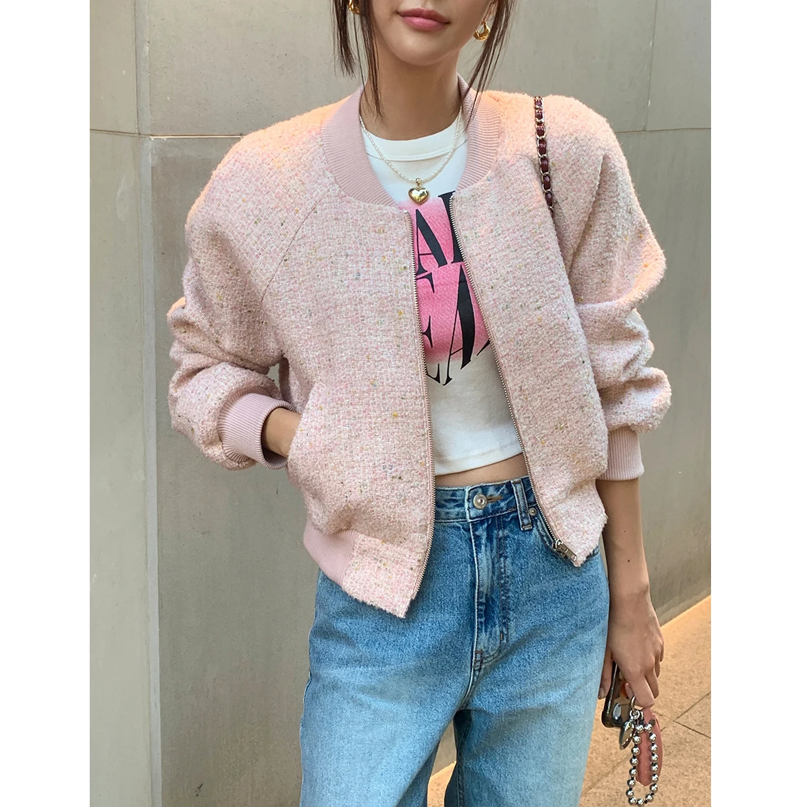 

Pink Navy Long Sleeve Female Woolen Jacket for Autumn Short Design Zipper Fly Women's Outerwear Office Lady Elegant Coats Sweet