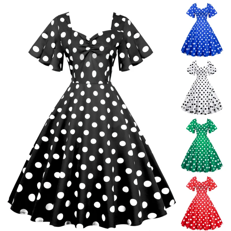 Women's Short Sleeve Polka-Dot Mid-Length Large Swing Skirt, Retro Travel Style, Annual Meeting Skirt, Wave Swing, New