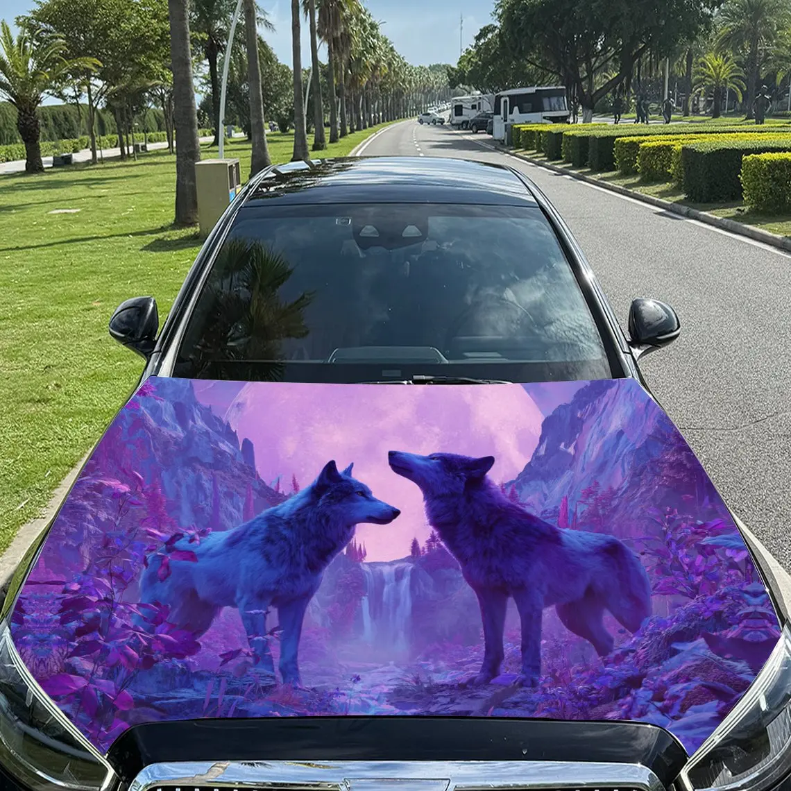 

Заворонительные синие и фиолетовые волки в мечтательной сцене, автомобильная виниловая пленка, водонепроницаемая наклейка на капот автомобиля из ПВХ, самоклеящаяся царапина