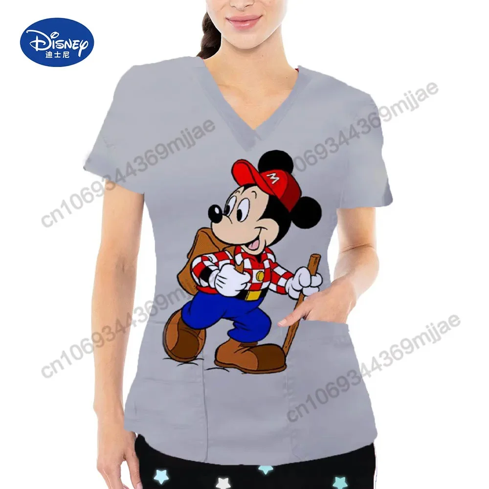 V-neck top women's T-shirt fashionable women's top Y2k nurse uniform pocket women's clothing T-shirt women's Disney T-shirt