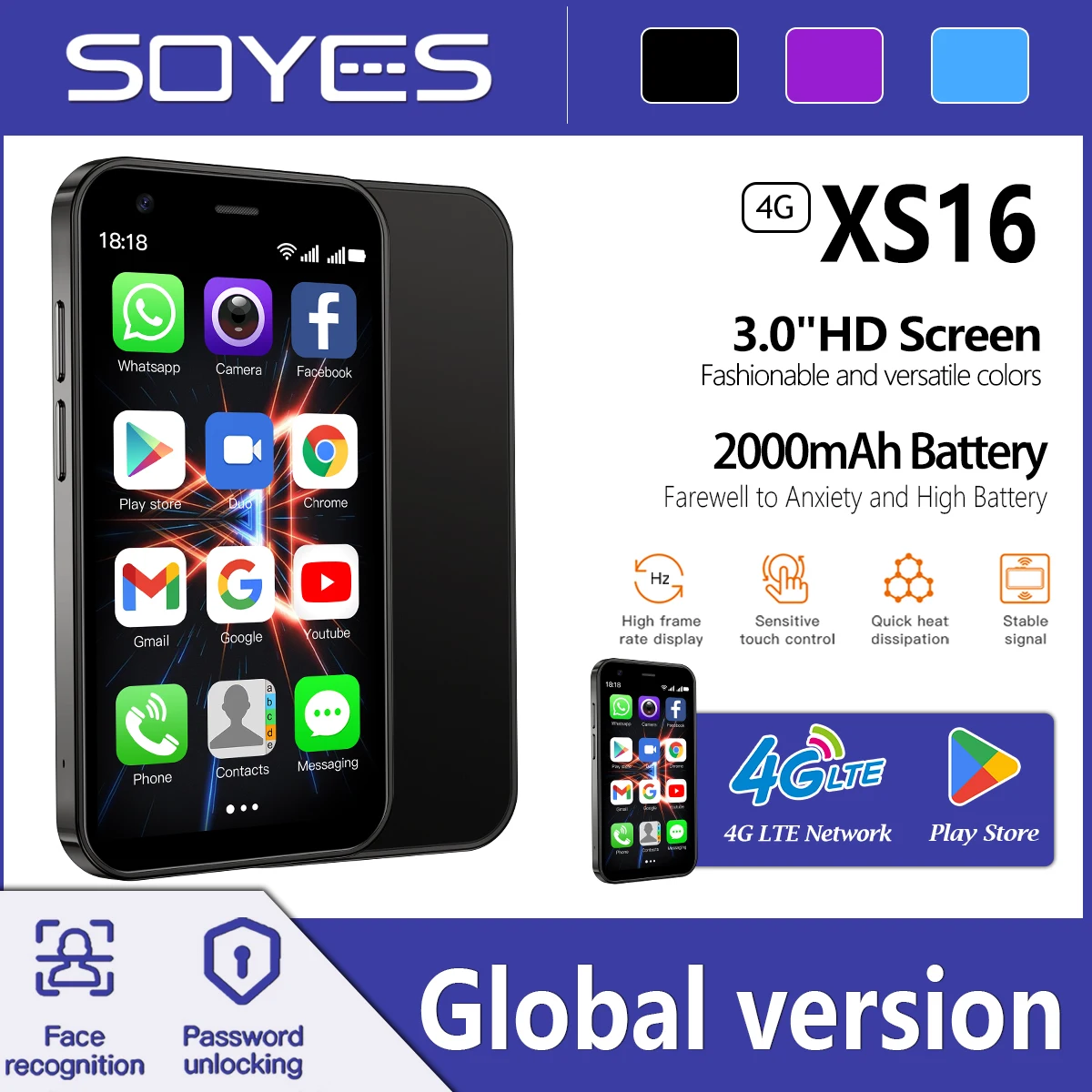 الهاتف الذكي Soyes XS16 4G ثنائي الشريحة وضع الاستعداد المزدوج 3 + 64GBPlay Store 3 بوصة 2000 بطارية هاتف صغير