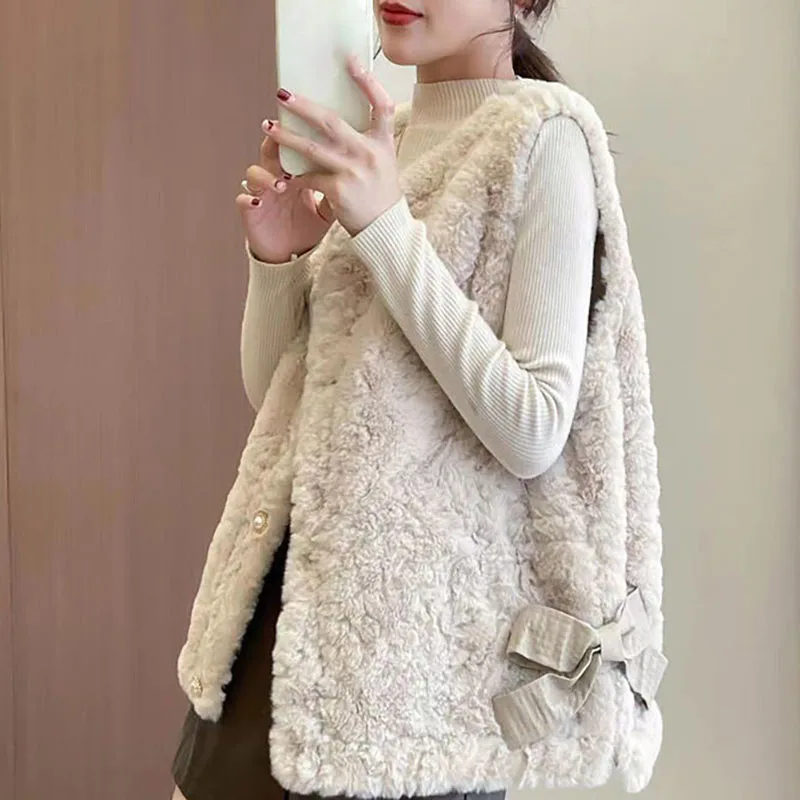 

2023 Lamb Plush Women Loose Vest Coat Bow Elegant Fashion Vintage Simplicity Warm Jacket Winter Female Thicken Sleeveless Coat