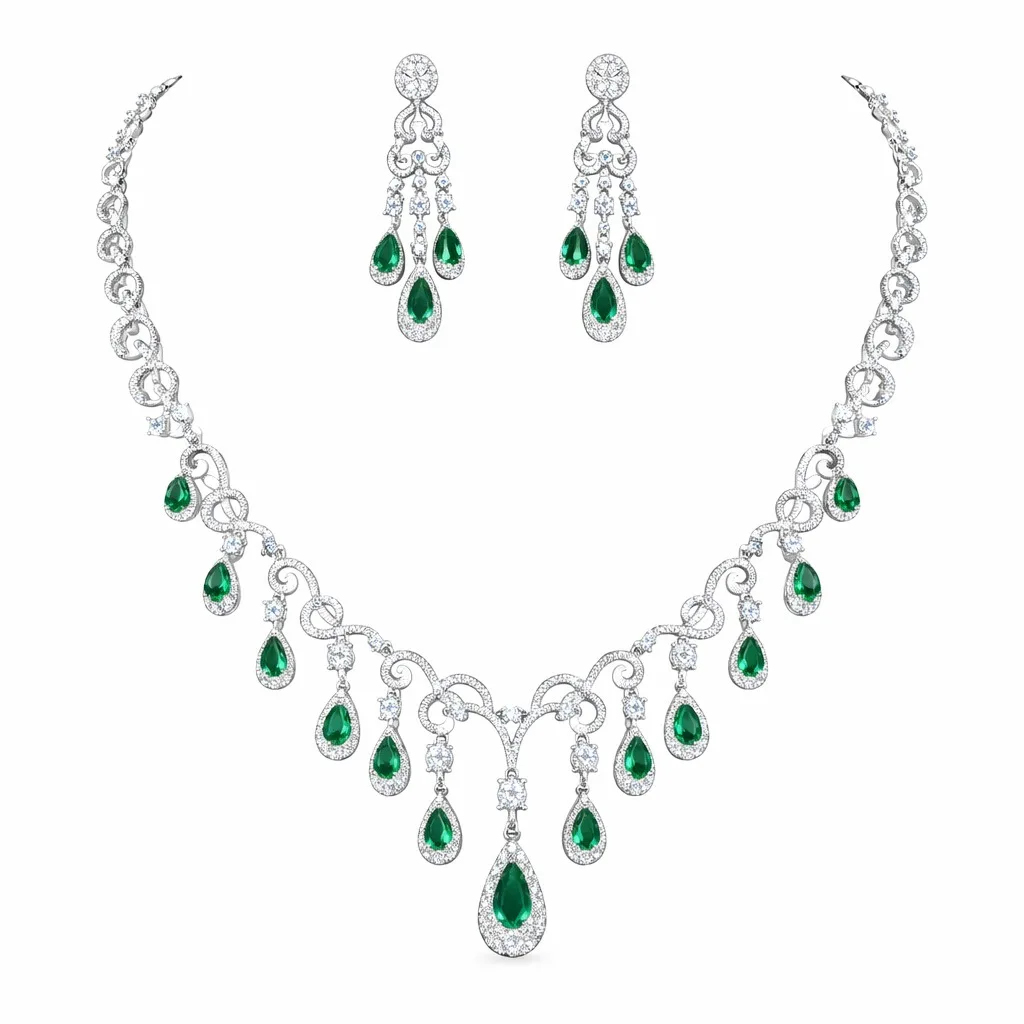 

Luxury Emerald Waterdrop Tassel Necklace Earrings Jewelry Set For Women Elegant Banquet Wedding Party Luxury Gift