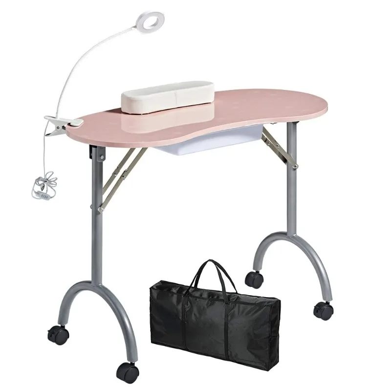 Portable manicure table，Folding nail desk for teach with Large PP plastic drawer、LED-Light、Wrist rest、Carry Bag