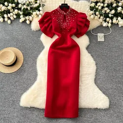 Chic Elegant Hollow Out Beading Butterfly Sleeve Slim Pencil Dress Vintage Korean Sexy Women Sexy Evening Party Summer Clothing