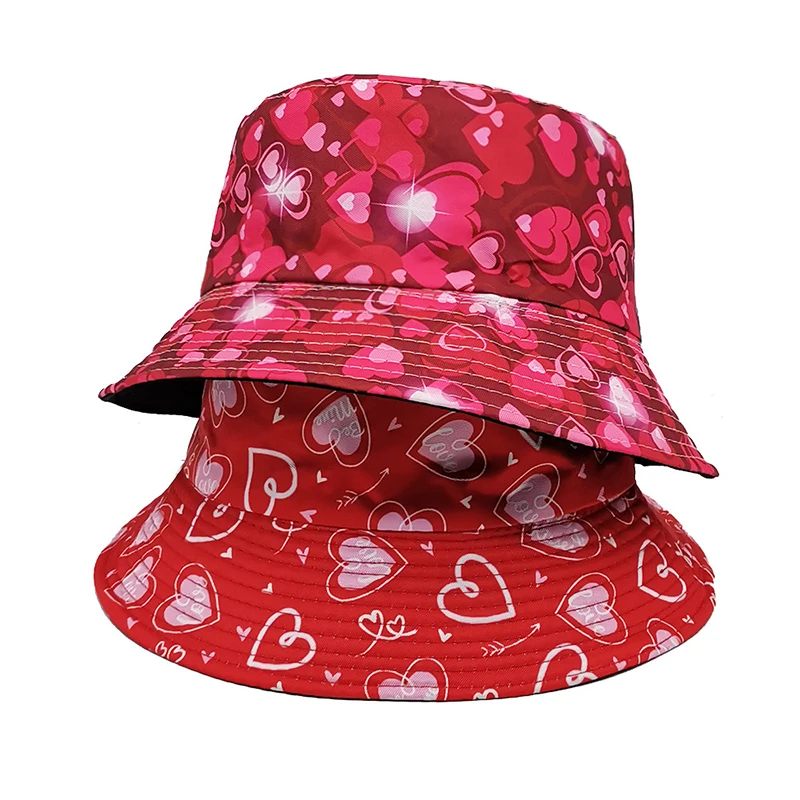 Bocca Red Love Heart Bucket Hat Pattern Fisherman Hats For Women Double Sides Reversible Panama Cap Adult Sunscreen Sunshade