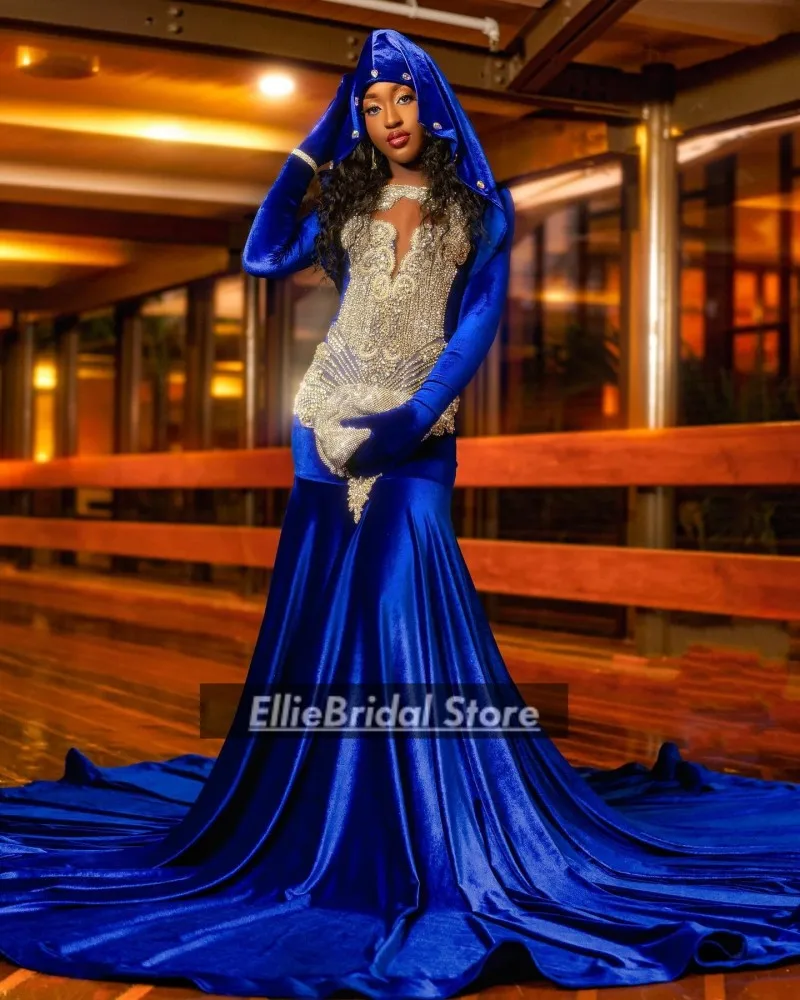 Royal Blue Prom Dresses With Cloak Black Girl 2025 Velvet Party Dress Long Sleeves Rhinestone African Evening Gowns Customized