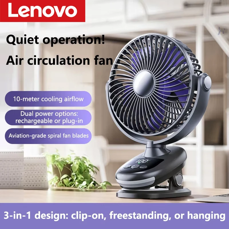 Lenovo Desk Clip On Shaking Head Fan 100 Levels USB Rechargeable Portable Quiet Fan For Kitchen Office Dormitory Desktop