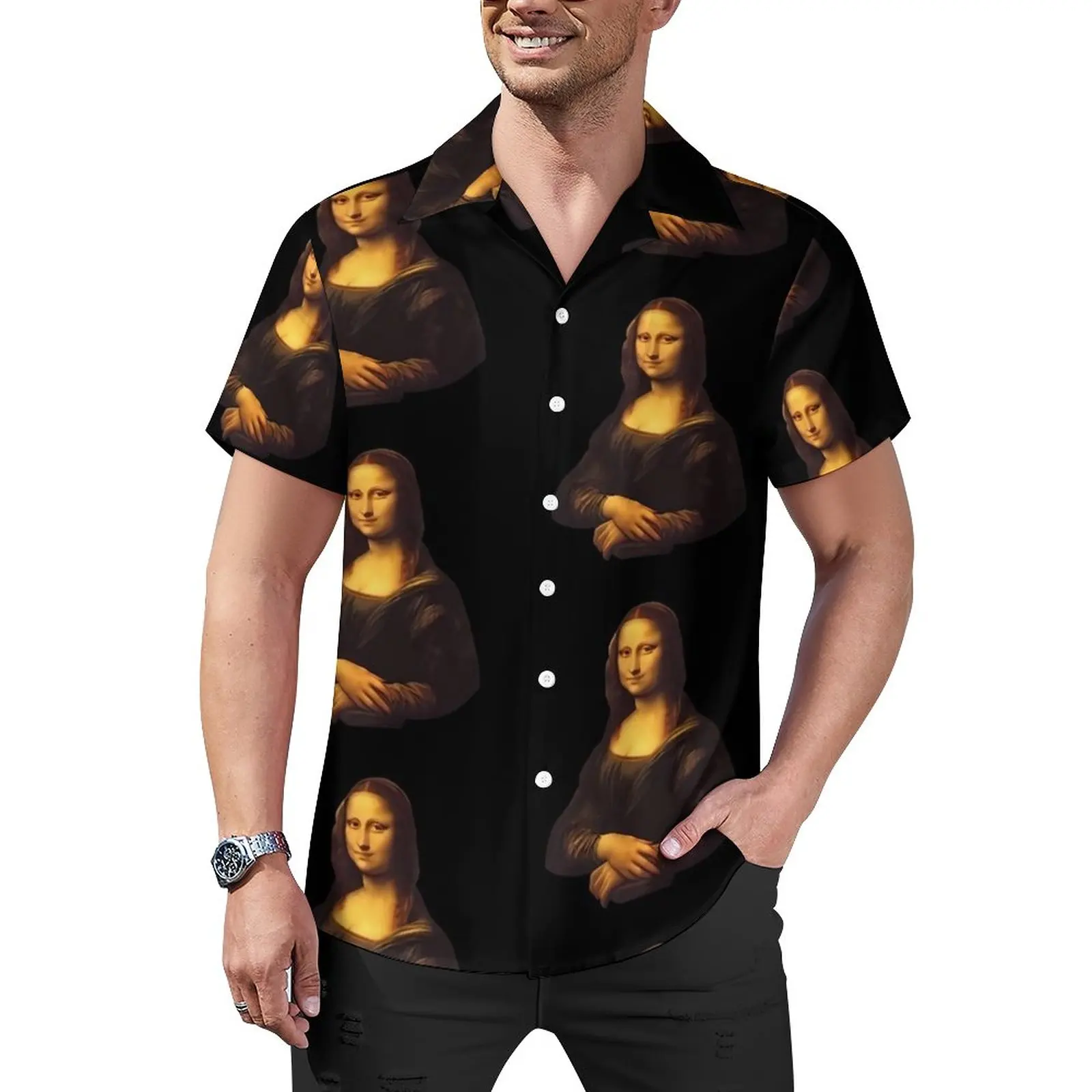 

Mona Lisa Casual Shirt Leonardo Da Vinci Vacation Loose Shirt Summer Vintage Blouses Short-Sleeved Custom Oversized Clothing