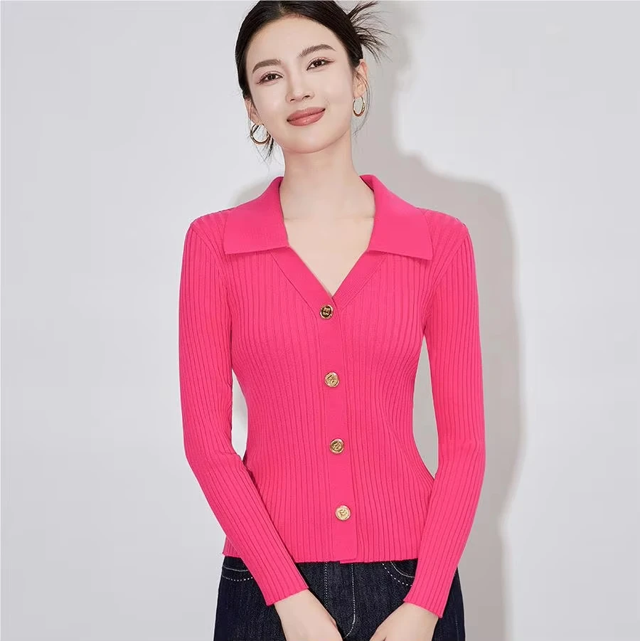 

Elegant Style Solid Basic Tops Lady Turn-down Collar Long Sleeve Single-breasted Slim Knits Cardigan For Women