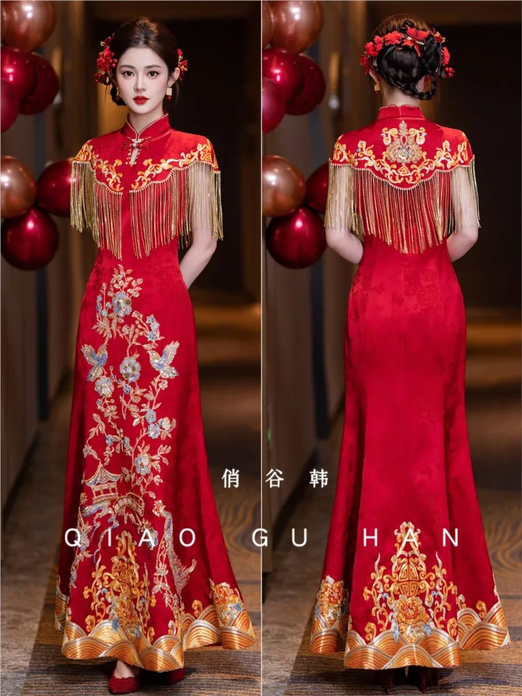 Heavy embroidery toasting dress bride's engagement and wedding two tassel shawls Chinese