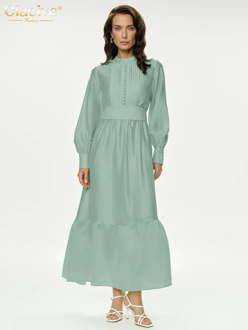 

Clacive Fashion Loose Green Women's Dress 2025 Casual O-Neck Long Sleeve Ankle Length Dresses Elegant Classic Solid Female Dress