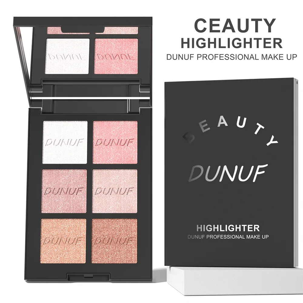 Paleta rozświetlaczy z 6 kolorami perłowych, rozświetlających cieni do twarzy i ciała, zestaw do makijażu z efektem połysku, do nosków, kości policzkowych, do codziennego użytku z lusterkiem.