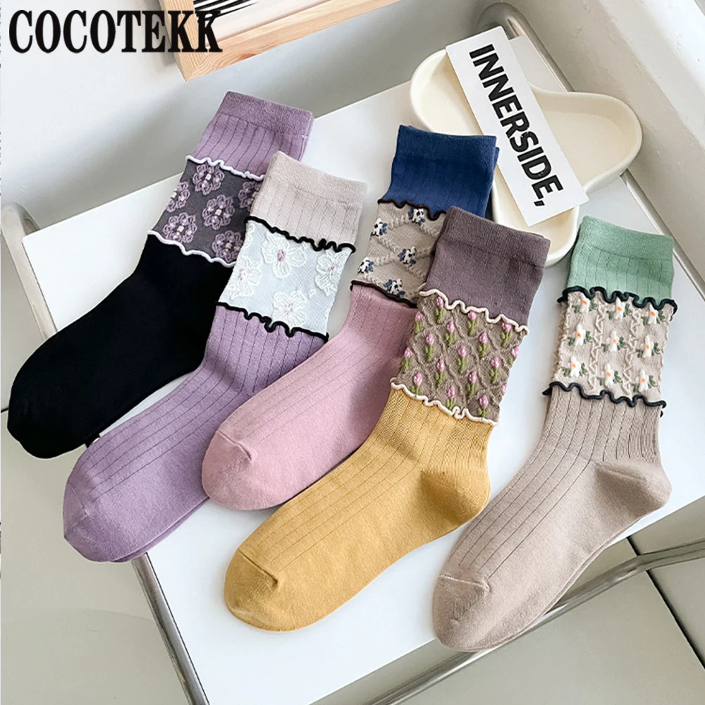 

Women's Patchwork Combed Cotton Socks 2023 New Arrived Flower Art Fashion Design Cute Spring Summer Trend Street Style Korea Sox