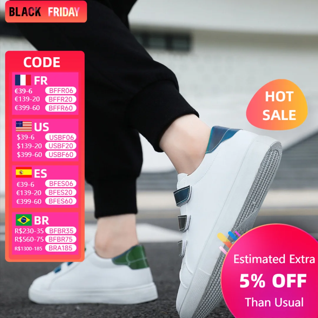 White Shoes Men Pu Leather Casual Shoes for Men Hook & Loop Loafers Fashion Skateboard Shoe Flat Male Sneakers Tenis Para Hombre