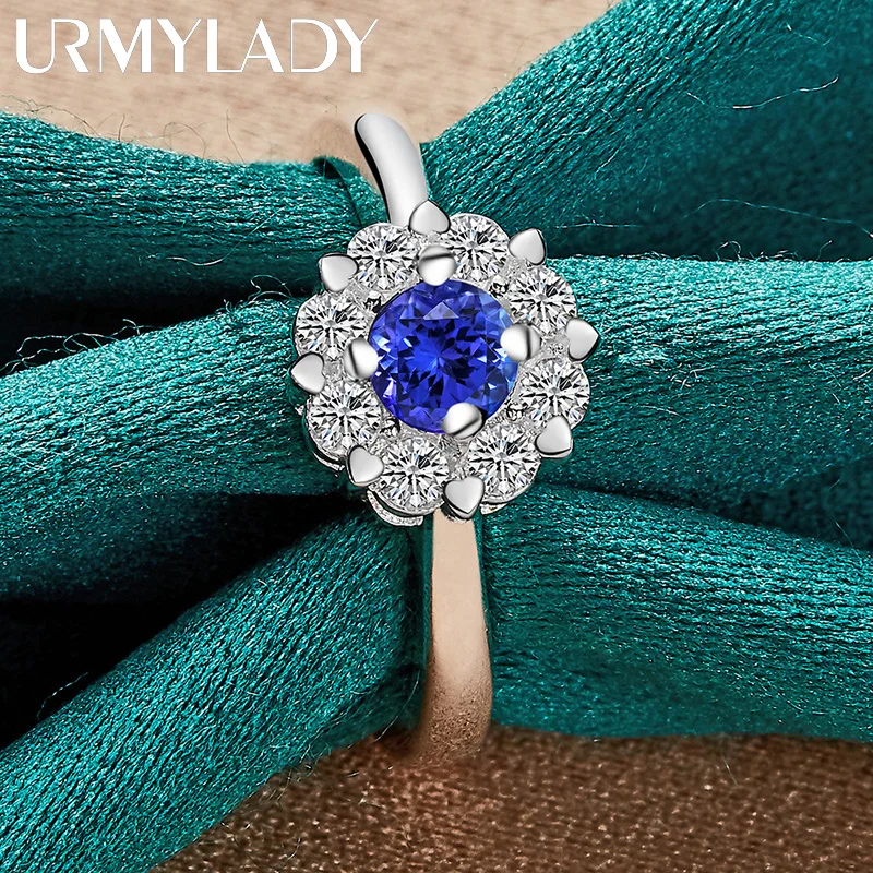 Women's 925 Silver Flower Ring with Blue Zircon, Wedding Band