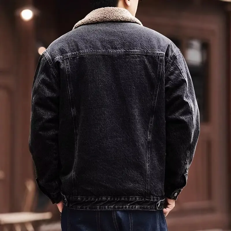 

Мужская джинсовая куртка Thiened Fce на подкладке, осенне-зимняя теплая верхняя одежда с отложным воротником из ягненка и бархата, американская рабочая одежда в стиле ретро C...