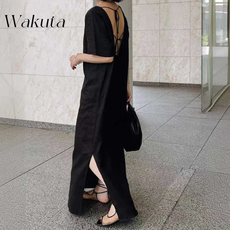 

WAKUTA Japanese Minimalist O Neck Short Sleeved Backless Dress Fashion Silhouette Cool Comfortable Linen Casual Robe Streetwear