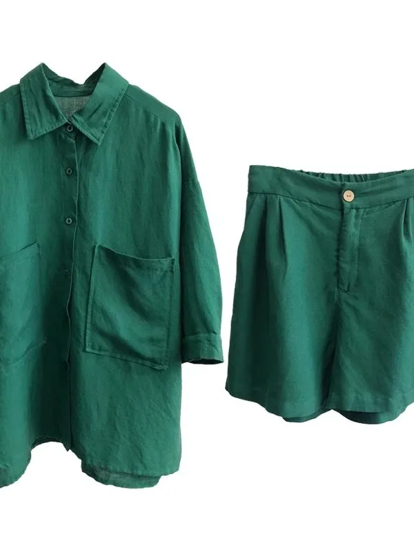 Setelan Linen Ringan Wanita Longgar Musim Panas Dua Potong Setelan Wanita Fashion Kancing Panjang S...