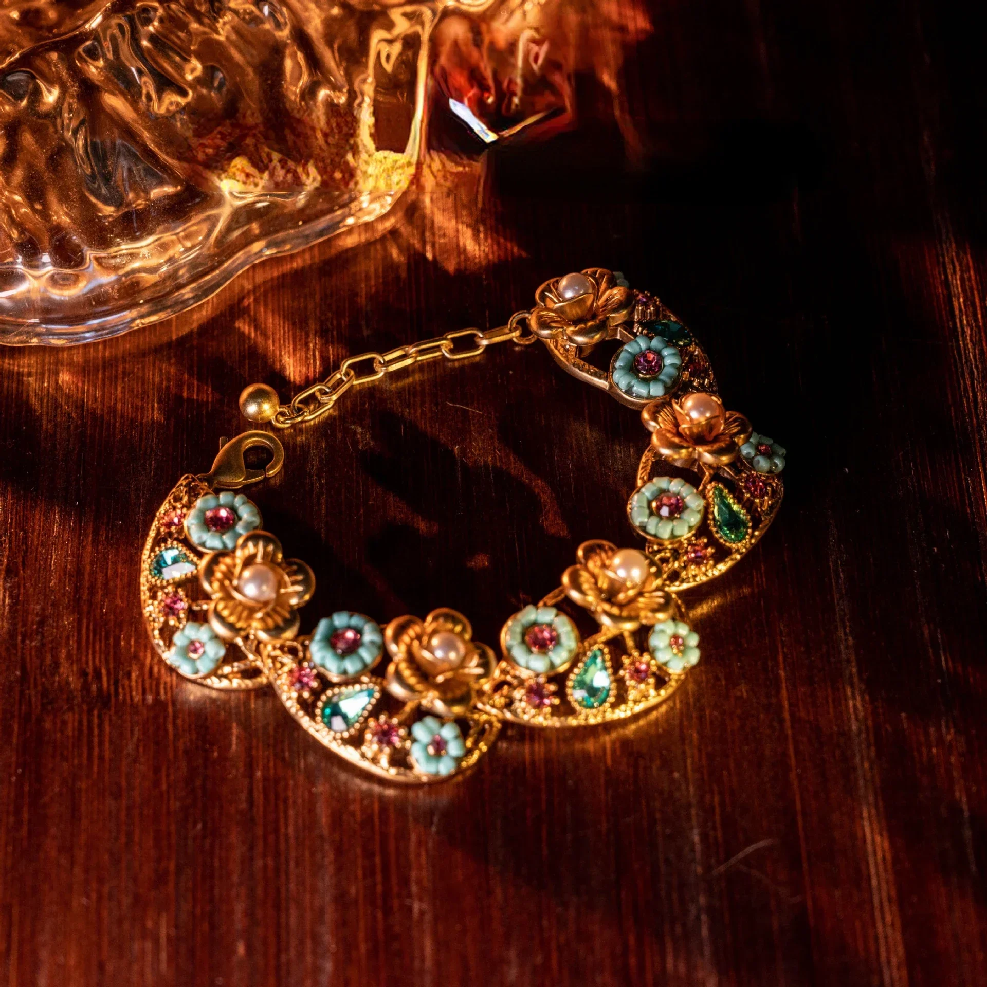 

Medieval style handmade full inlaid carved retro drop glaze French elegant bracelet for women Exquisite Bracelet