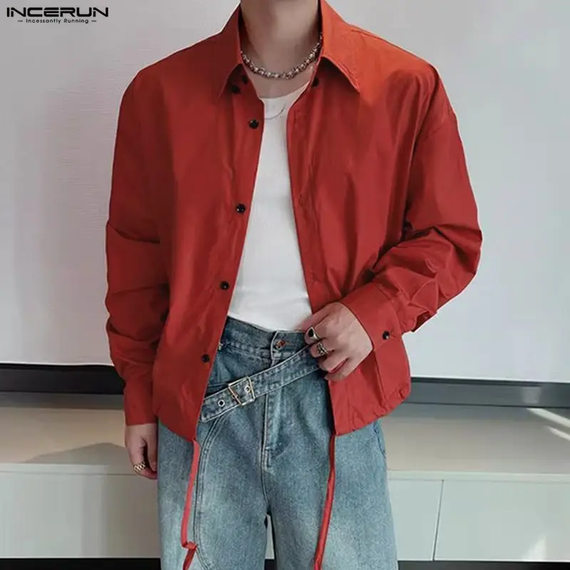 

INCERUN Мужская рубашка сплошной цвет с лацканами и длинным рукавом Свободная повседневная мужская одежда Уличная одежда в корейском стиле Модные топы Мужские рубашки S-5XL