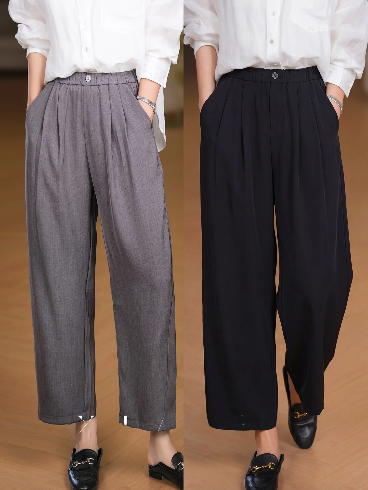 

Casual Style Wide Leg Pants Elastic Waist Pleated Women's Fashion Textured Polyester Fibre Pure Color Summer Season Ladies