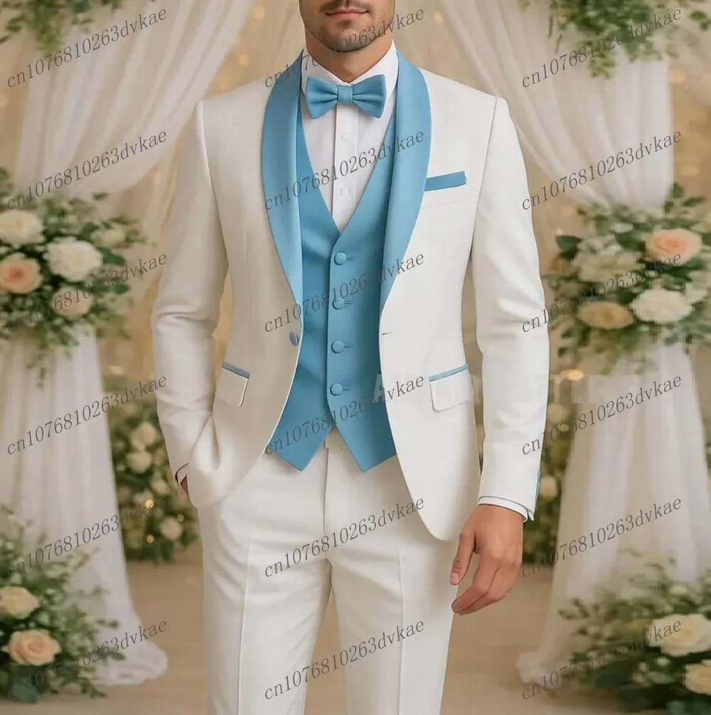 

White And Blue Men Suit Wedding Party Formal Groom Groomsman Prom Business Male Tuxedos 3 Piece Set Jacket Vest Pants