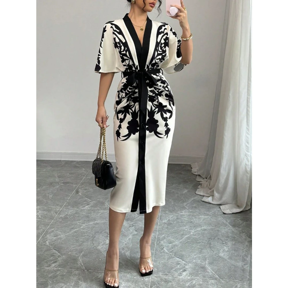 Women Wrap Midi Dress Black White Floral Print Wide Short Sleeve V Neck Belted Waist Elegant Party Slim Dress