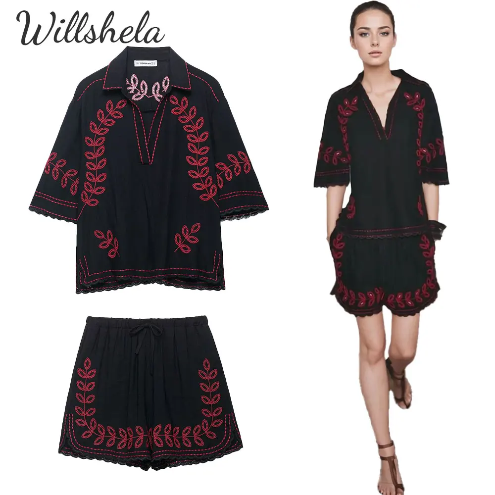 Willshela moda feminina 2 peças conjuntos de camisa bordada sólida e shorts de cintura elástica feminino chique casual tops ternos