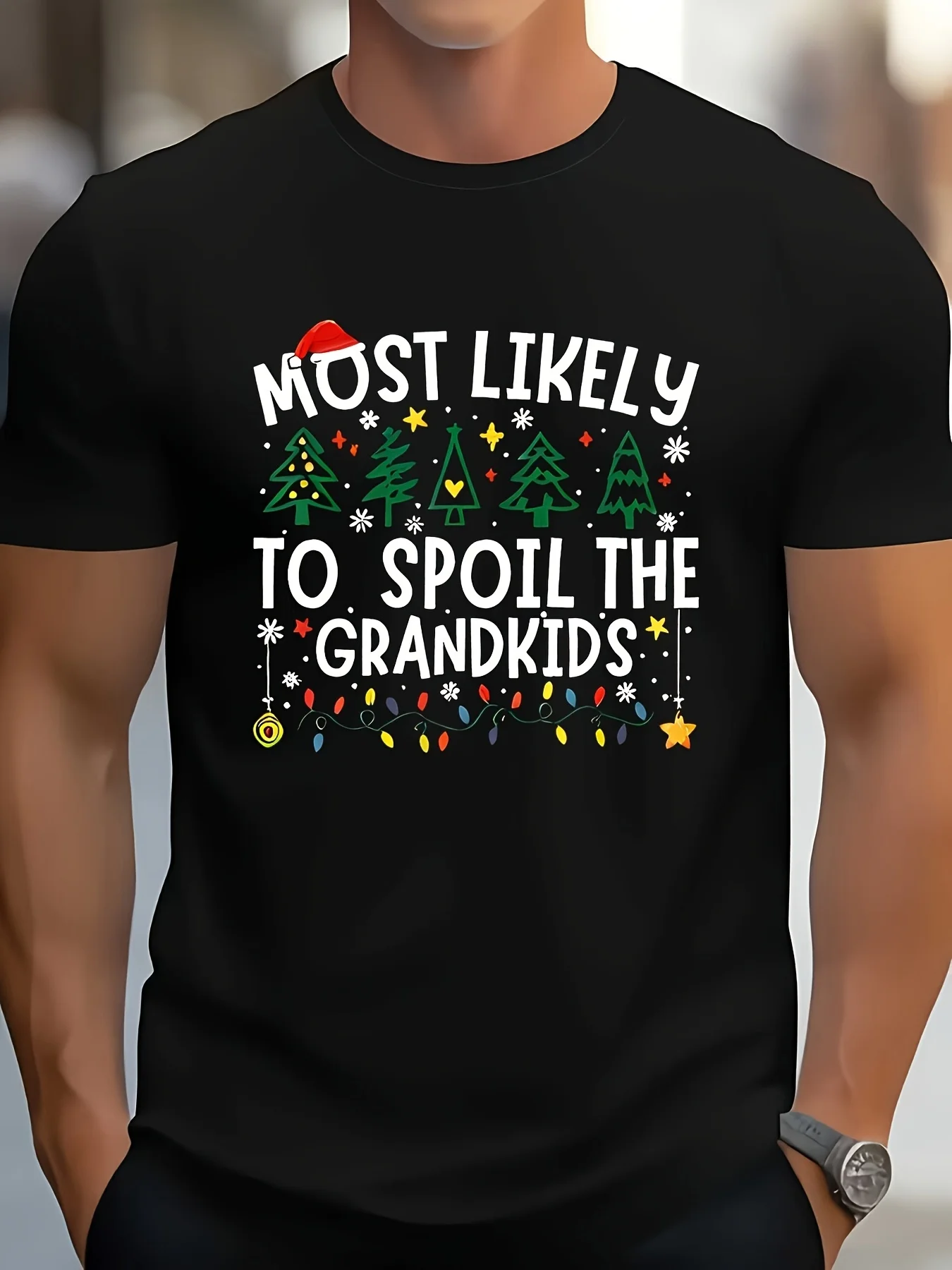 Matching Christmas T-Shirts for Families - Featuring 'Most Likely to Spoil The Grandkids' Print, Made for Comfort, Available in Sizes S to XXL, Black with Vibrant Holiday Graphics, Ideal for Casual Outings And Festive Events, Men'S T-Shirts