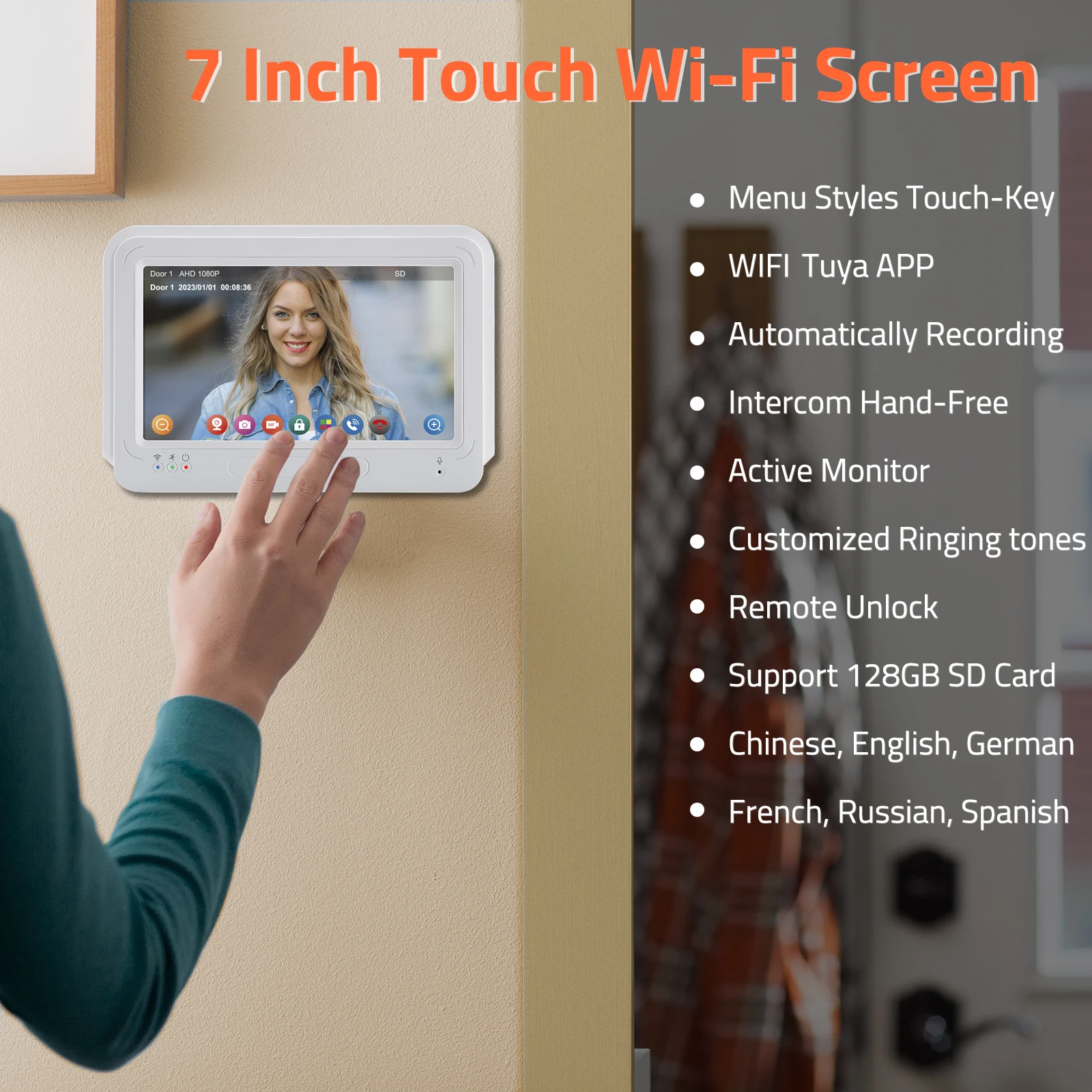 Wireless WiFi Video Doorbell Intercom System, 1080P Doorbell Camera with Monitor,  No Monthly Fees, Card Swipe, Tuya APP Unlock