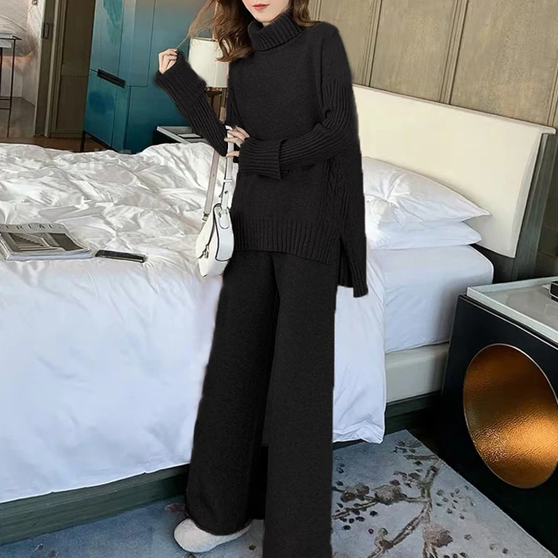 Sweater Set Warm suit for Women Winter Knitted Suits 2 Piece Set Soild Turtleneck Sweater + Loose Trousers Office Lady Suit