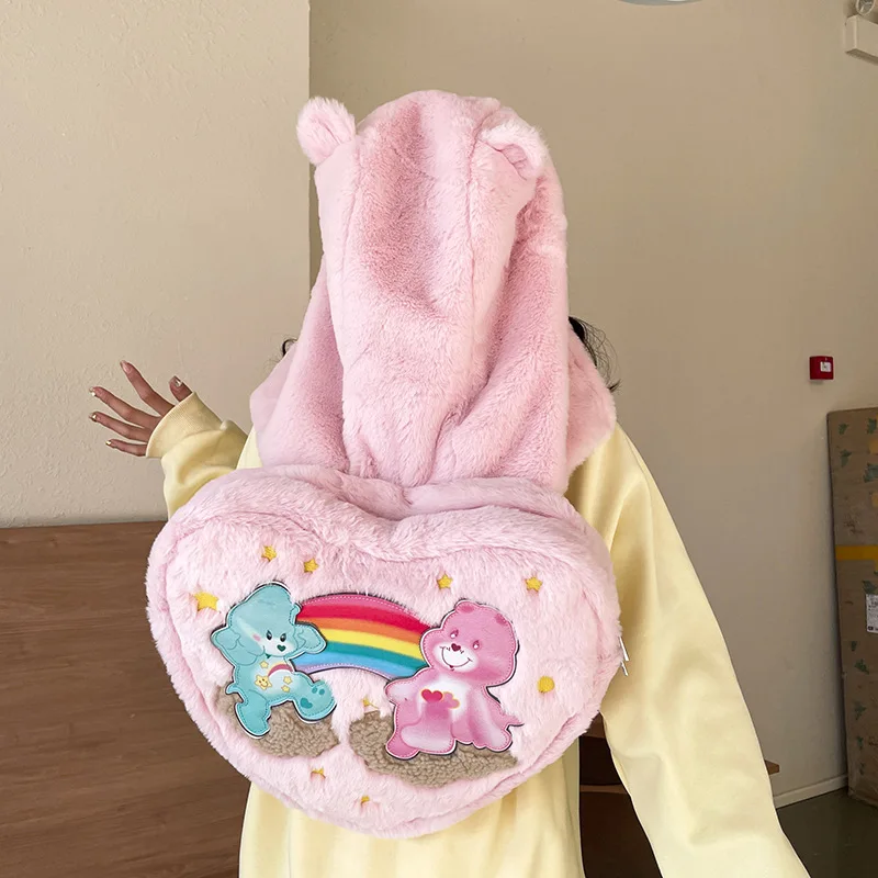 Cartoon Care Bears Backpack With Hat Kawaii Carebears Heart Shape Plush School Bag For Girls Women Large Capacity Pink Back Bag