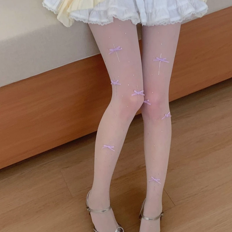 Multi Colors Bow Women Tights Fashion Design Female Sweet Crystal Pantyhose Lolita Sweet JK Slim Stretch Bottom Long Socks Woman