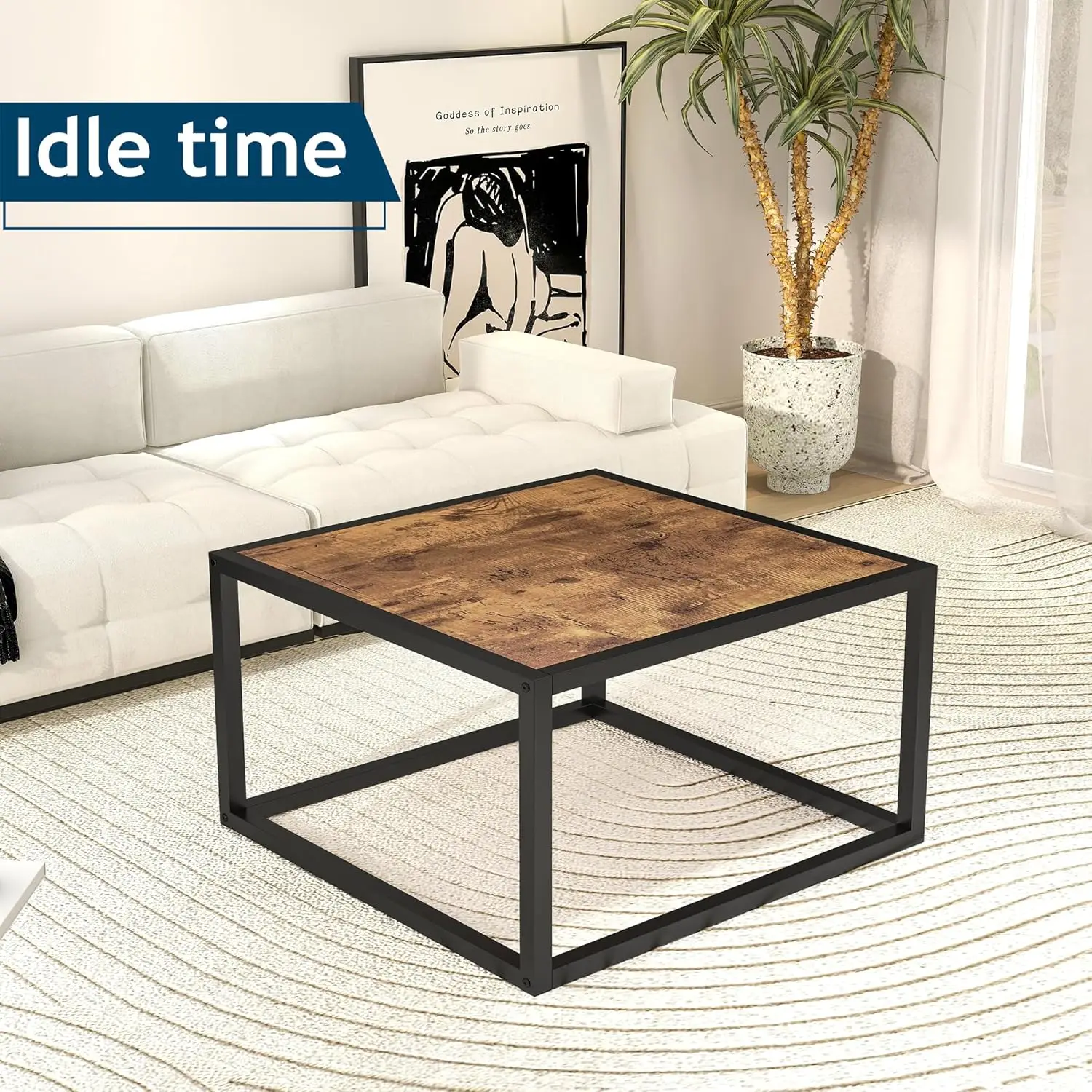 Mesa de centro cuadrada moderna, color negro y marrón rústico, mesa auxiliar/centro/lateral sencilla con tapa de madera y estructura de metal resistente,