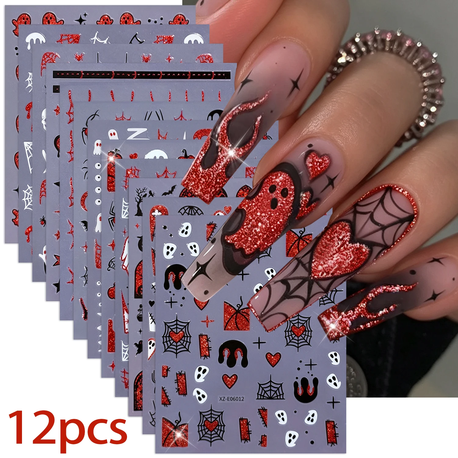 1/12Pcs Gothic Horror Halloween Nail Stickers 3D Red Glitter Ghost Spider Skull Tombstone Nail Decal Halloween Party Nail Supply