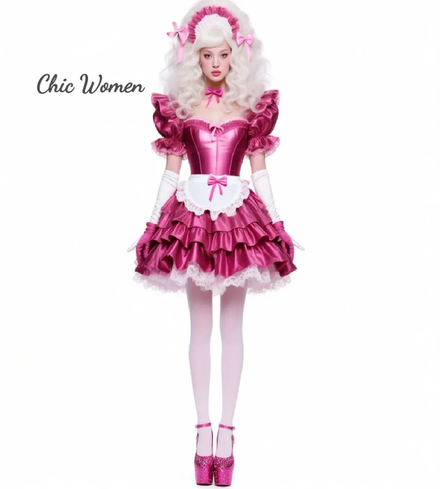 Elegant Fuchsia Cosplay Maid Dress Tiered Ruffles Short Evening Dress 2026 Sexy Masquerade Prom Dress Elegant Formal Cocktail