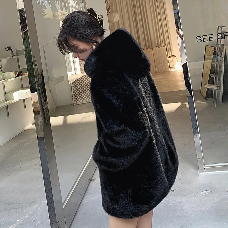 2023 Winter Thick Mink Fur Mink Coat Women Long Hooded Korean Version of Environmentally Friendly Fur Coat Femininity