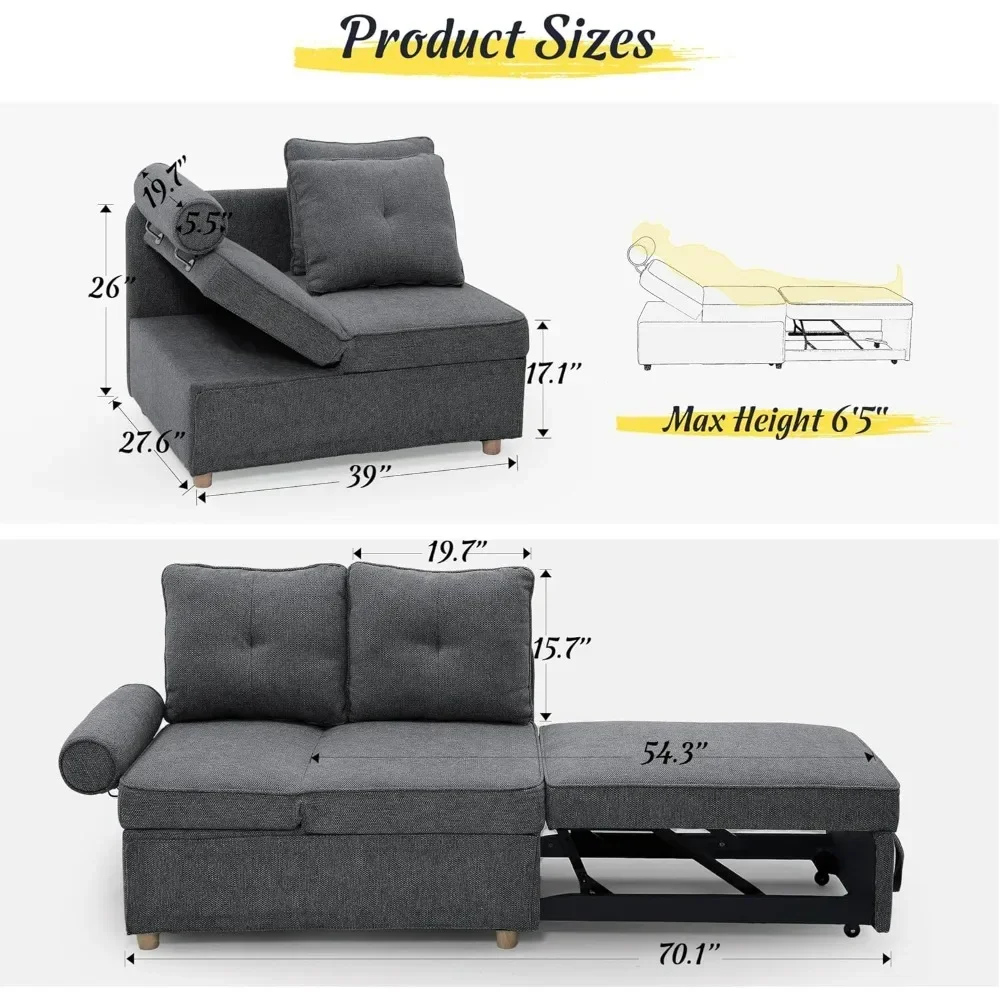 Sleeper Sofa Bed 4-in-1 Convertible Couch, Linen Fabric Love seat Couch with 2 Throw Pillow