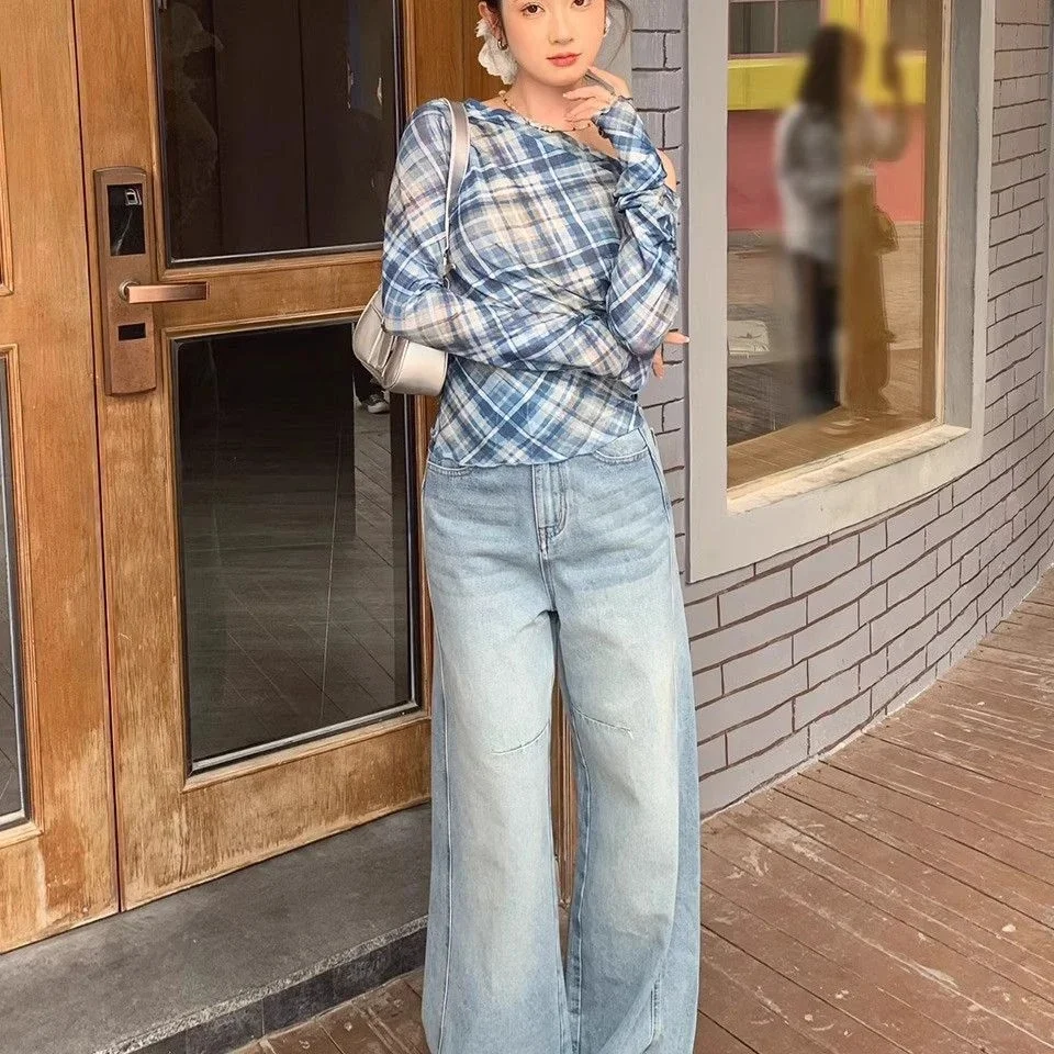 Sommer Neue Plaid Spitze ort Sve Lange Sve oulder Bared frauen Slim Fit T-shirt Cover up Koreanische Sle Pendeln Faion