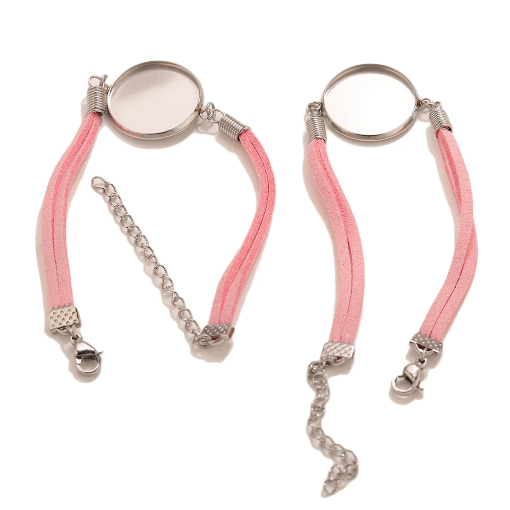 2 Pcs Pink Korean Velvet Rope Round 20mm Base Bracelets DIY Jewelry Making Bangle Blanks with Adjustable Chain Bulk Wholesale