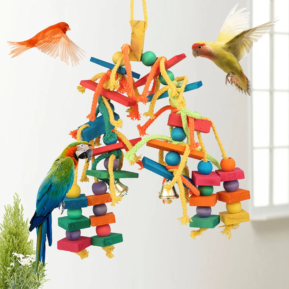 Safe Parrot Chew Toy with Hook Colorful Wooden Beads Ropes Natural Blocks Tearing Toys for Small Medium Birds Mini Macaw