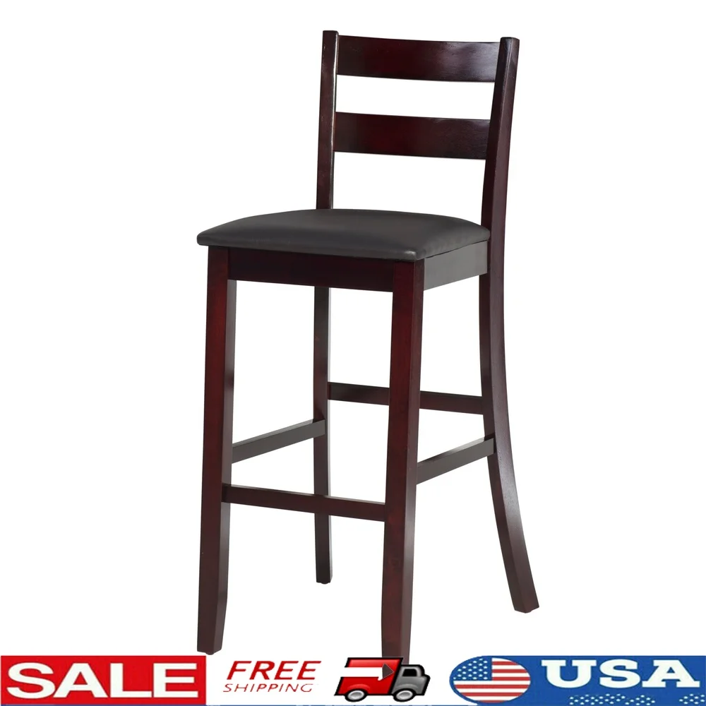 

Indoor Ladder Back Bar Stool 31 Inch High Merlot Finish Dark Brown Faux Leather Padded Seat Solid Construction Quality