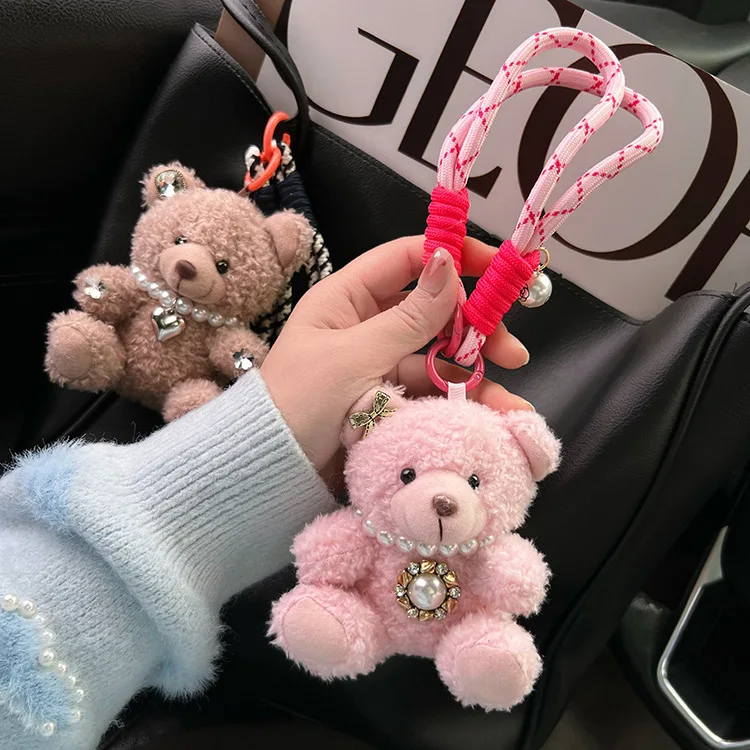 Kawaii Goggles Pilot Bear Keychain Bell Pearl Plush Bear Key Ring Heart Pink Stuffed Animal Pendant Women