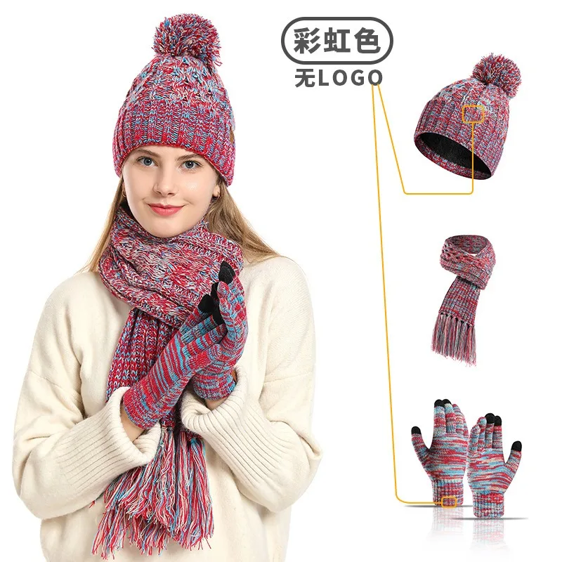 Winter New Knitted Hat Scarf Touch Screen Gloves 3Pcs Set Thick Colorful Beanie Scarves Christmas Warm Outdoor Accessory Kit