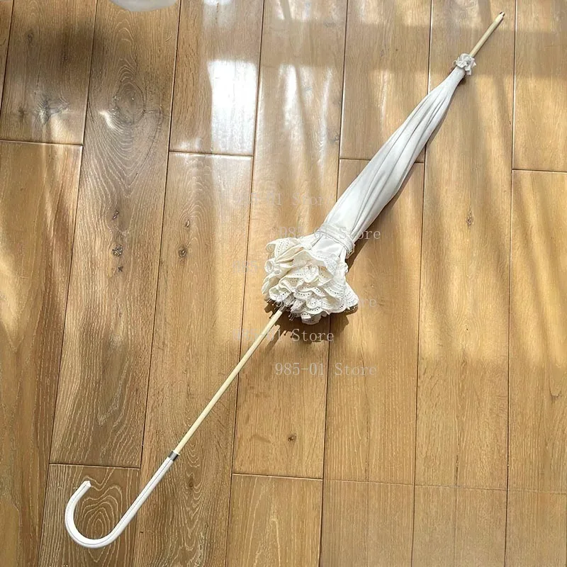 Satin Lace Long Handle Umbrella Antique Handmade Parasol for Wedding Photography Props