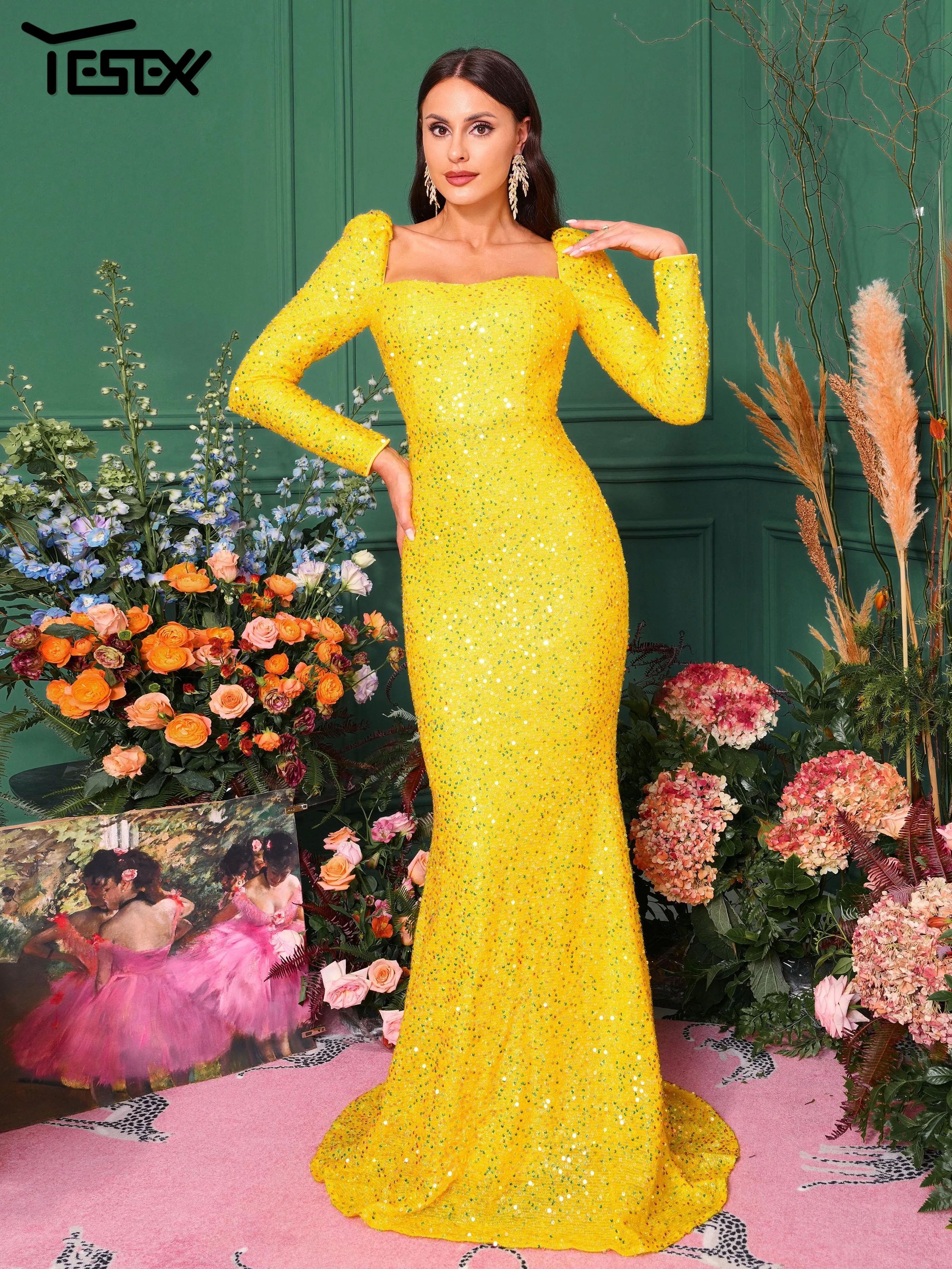 Yesexy New Elegant Beautiful Women's Dress Square Neck Long Sleeved Sequin Yellow Mermaid Evening Dress