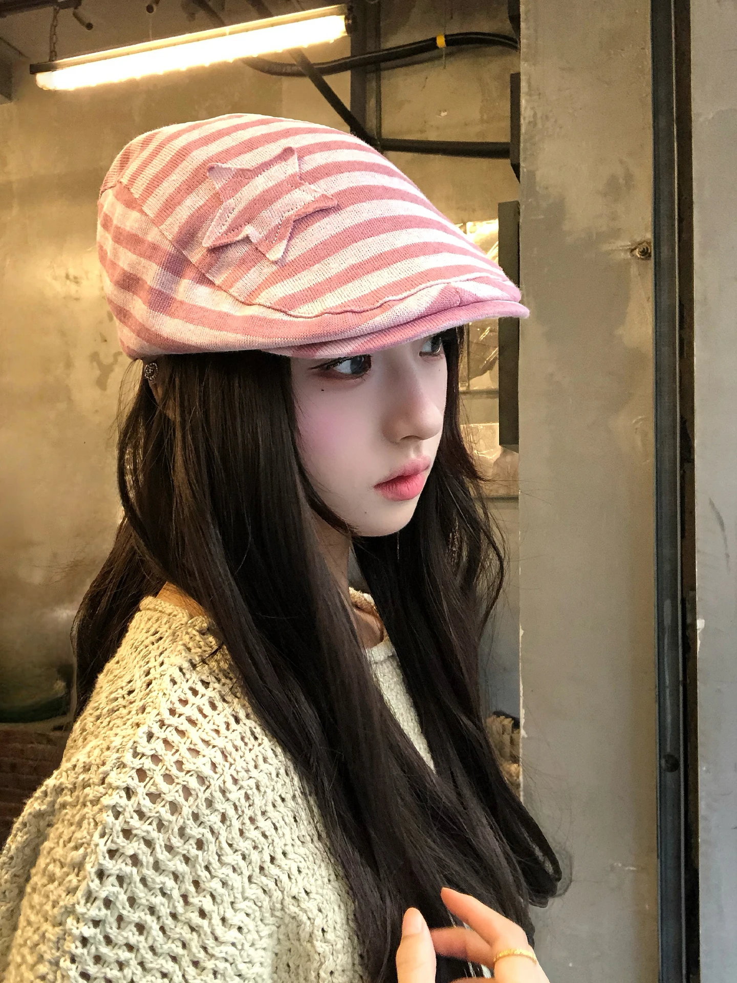 Retro Korean Stripe Star Beret Hat Women's Fashionable Face Slimming Spring Autumn Winter Unisex Adjustable round Top Cap