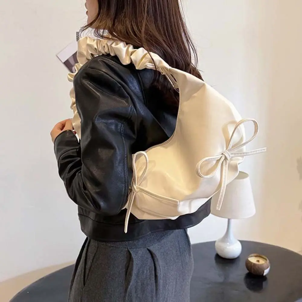 Korean Style Pleated Bow Tote Bag Pleated Strap Solid Color Underarm Cloud Bag Minority Design Handbag Dumplings Bag Women